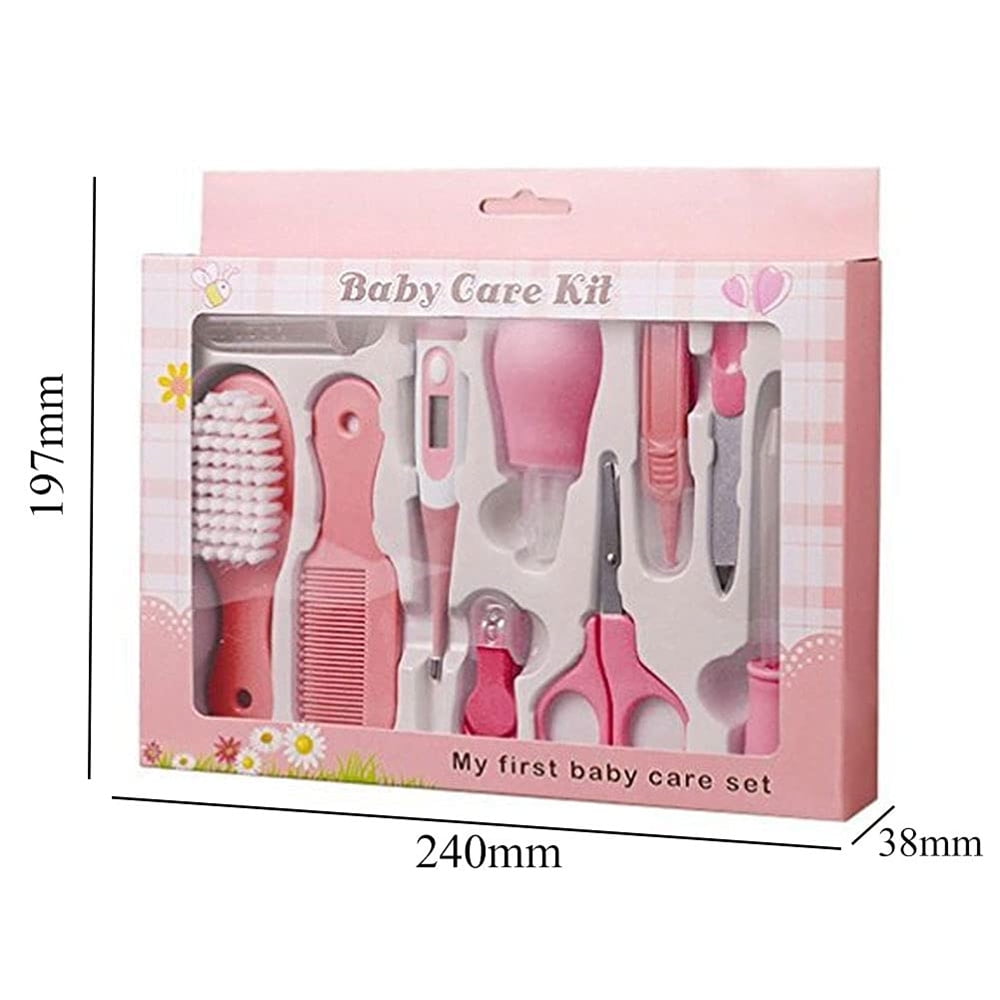 Baby Grooming Kit, 10 in 1 Baby Hair Brush/Nail Clipper/Nose Cleaner/Finger Toothbrush/Nail Scissors/Manicure Kit for Baby Care Keep Healthy and Clean Pink