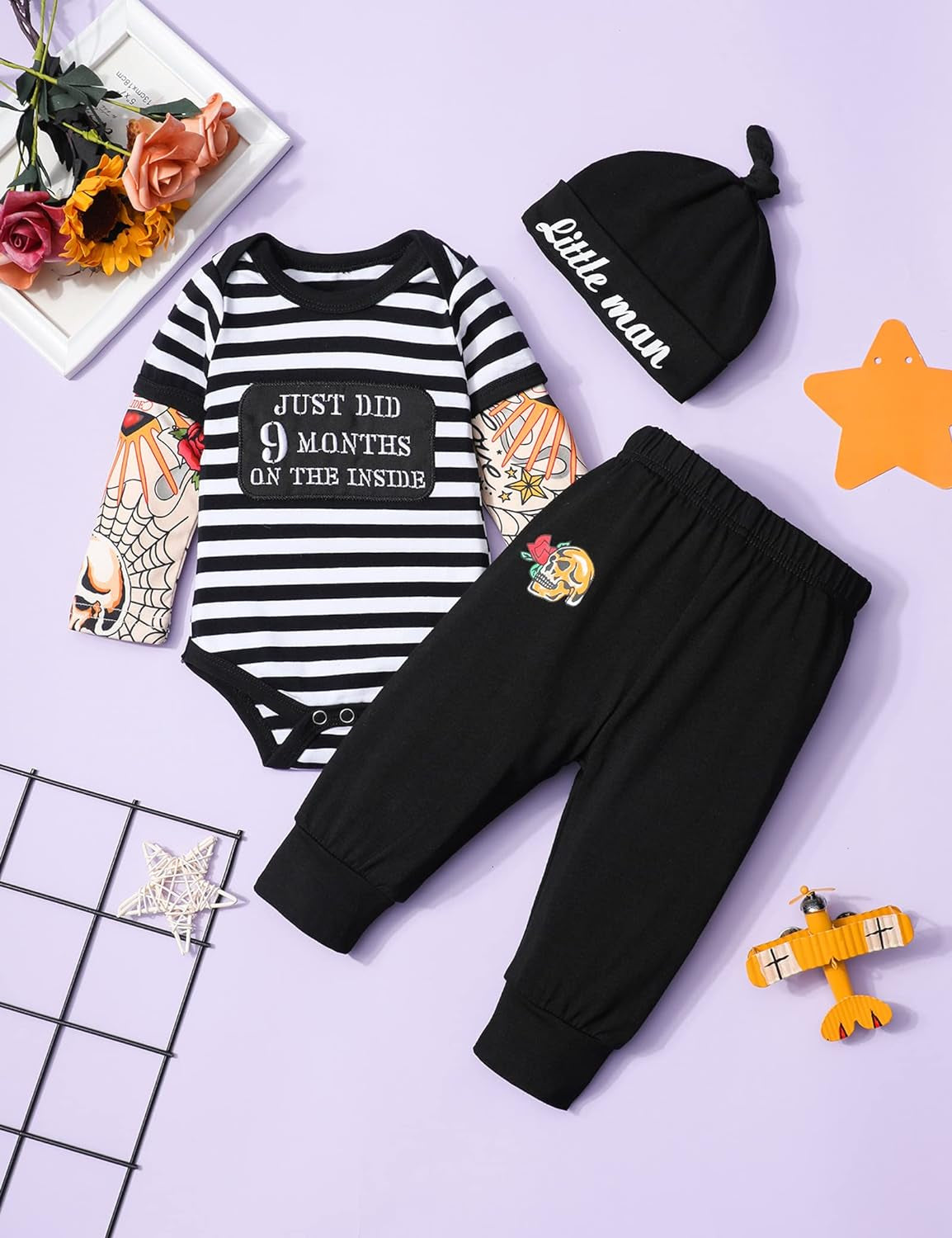 Baby Boy Clothes – Tattoo Sleeve Romper, Pants & Bodysuit | Funny 3PCS Infant Outfit Set
