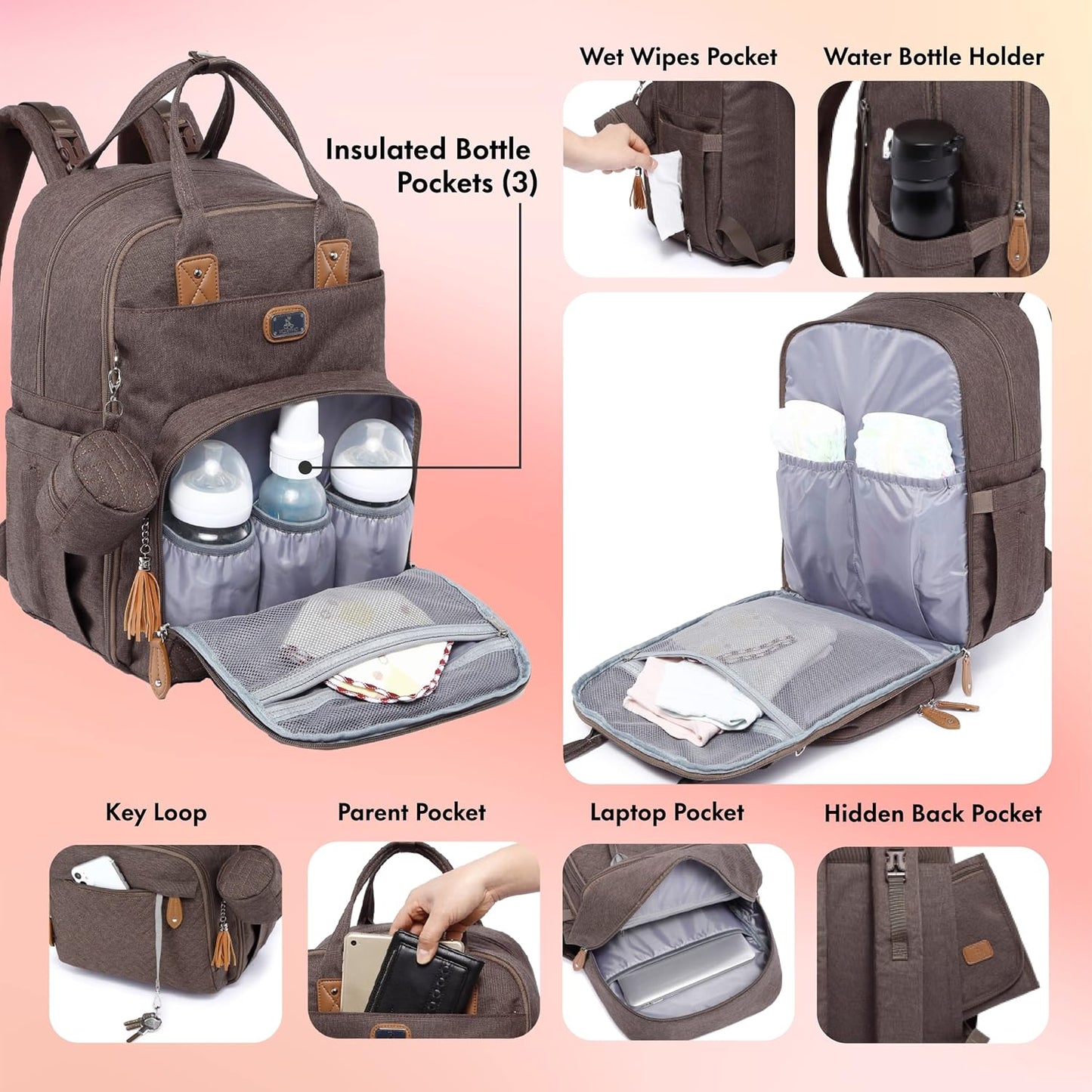 Diaper Bag Backpack with Changing Pad, Pacifier Holder & Stroller Straps – Large Unisex Baby Bag