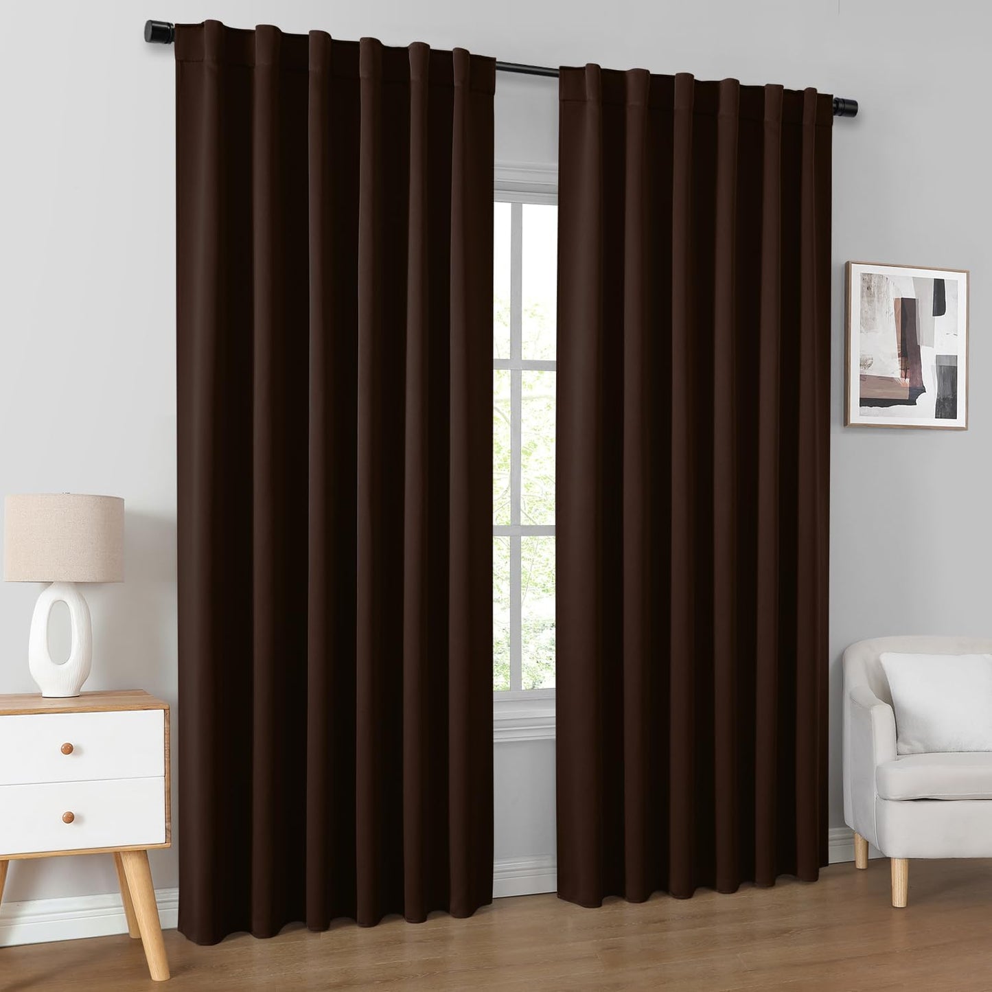 Chocolate Brown Blackout Curtains, 2 Pages Room Darkening Bedroom Pinch Pleated Curtains Thermal Insulated Back Tab Rod Pocket Drapes for Bedroom, W52 X L63