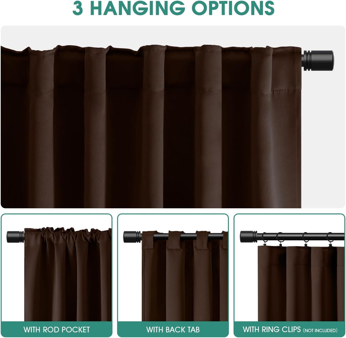 Chocolate Brown Blackout Curtains, 2 Pages Room Darkening Bedroom Pinch Pleated Curtains Thermal Insulated Back Tab Rod Pocket Drapes for Bedroom, W52 X L63