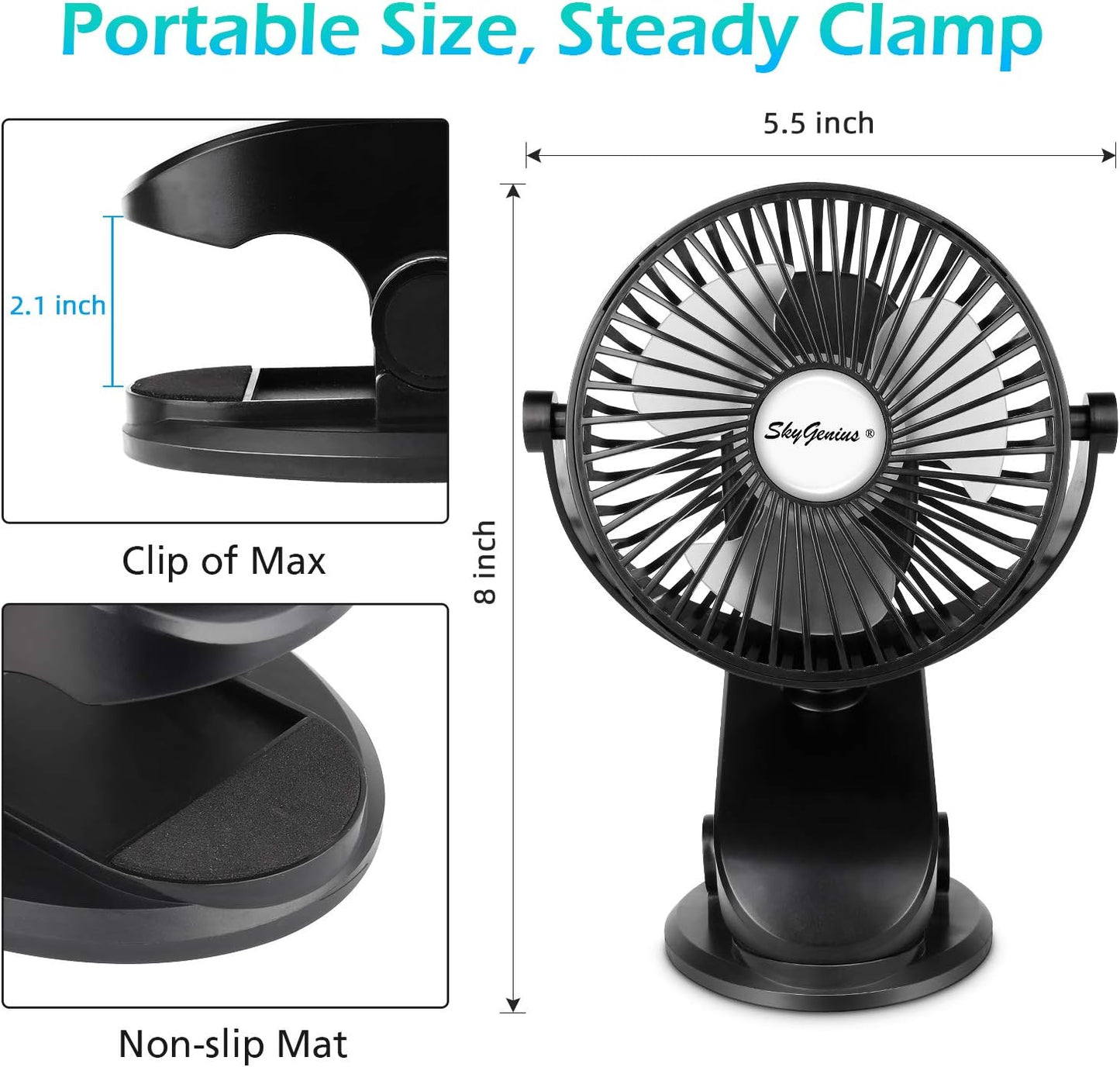 Battery Operated Stroller Fan, Rechargeable USB Powered Mini Clip on Desk Fan