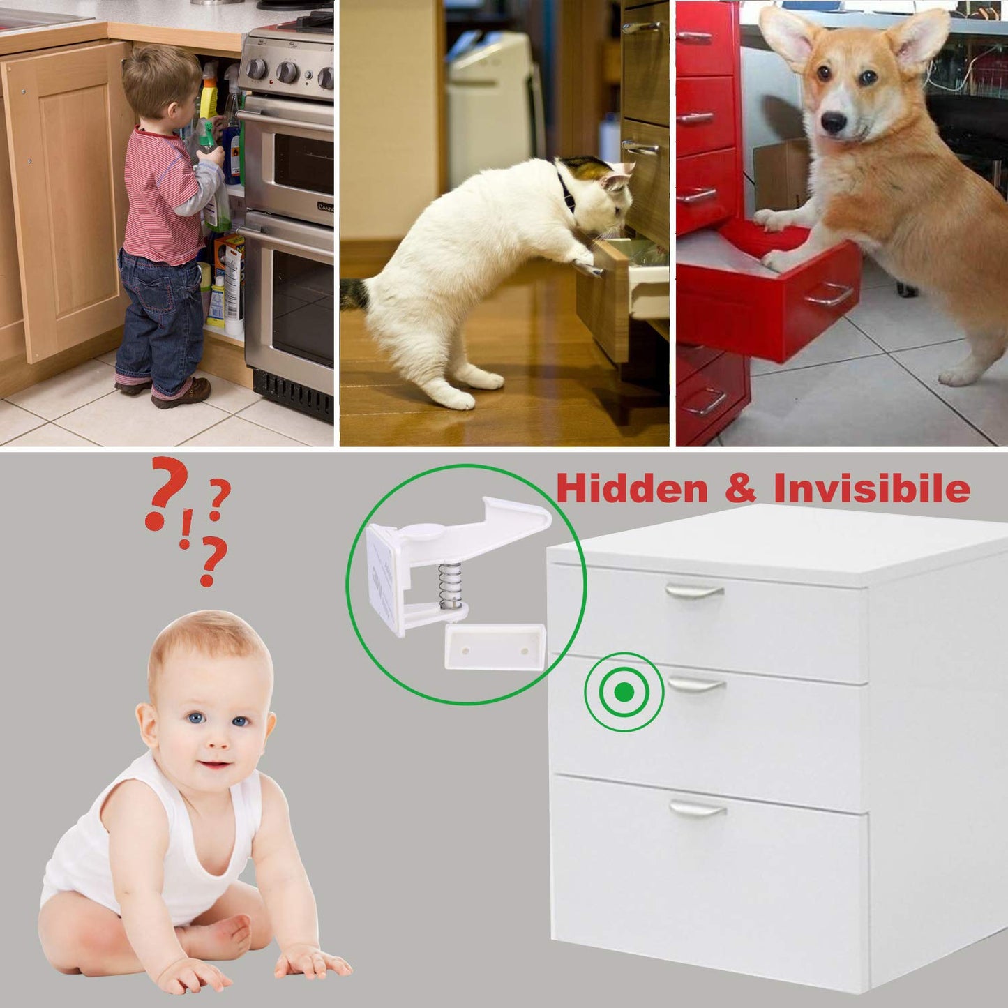 Cabinet Locks Child Safety Latches - 12 Pack Baby Proofing Cabinets Drawer Lock Adhesive Latch for Kids Proof Drawers No Drilling Tools Needed (White)