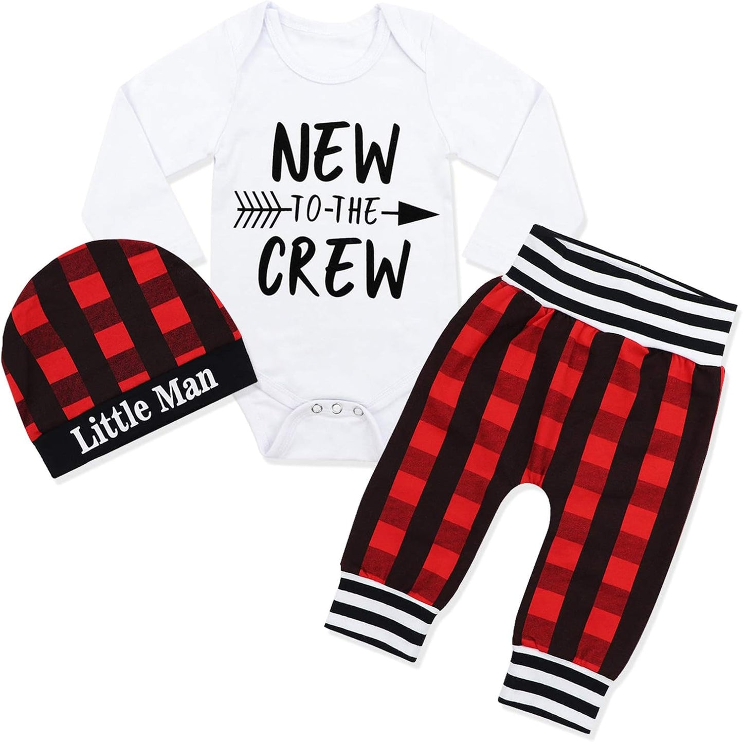 Newborn Baby Boy Clothes – “New to the Crew” Letter Print Romper, Pants & Hat | 3PCS Infant Outfit Set