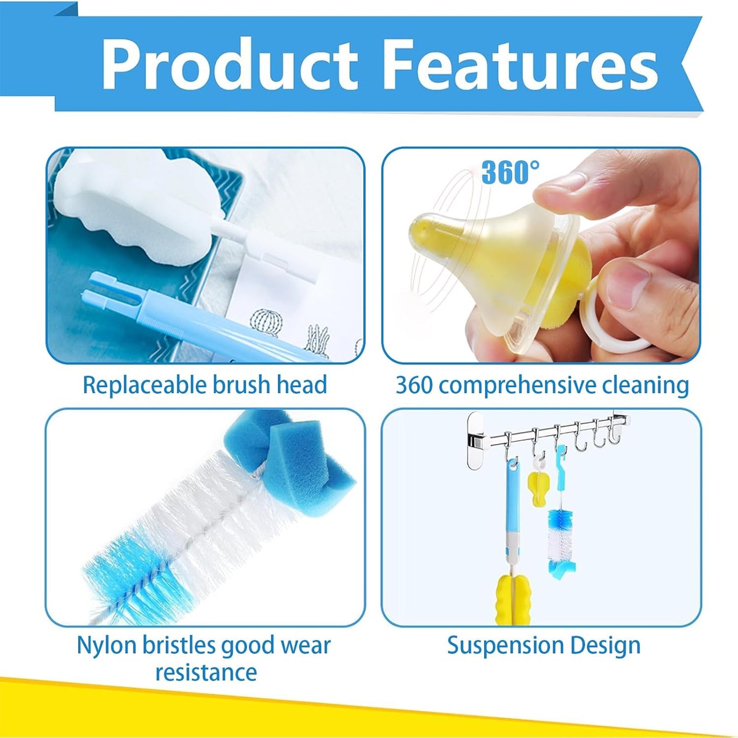 Bottle Brush 8 Pack Cup Cleaner Sponge Brush Set Detachable Long Handle Bottle Cleaner Set Baby Nipple Brushes, Straw Brushes, Bottle Clamp (Blue)