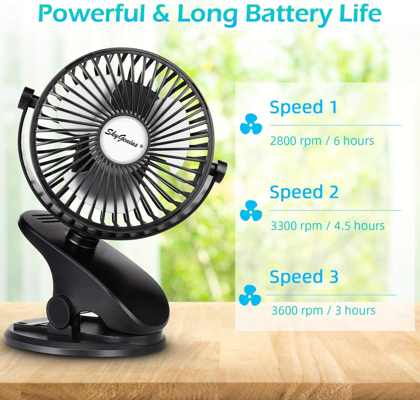 Battery Operated Stroller Fan, Rechargeable USB Powered Mini Clip on Desk Fan