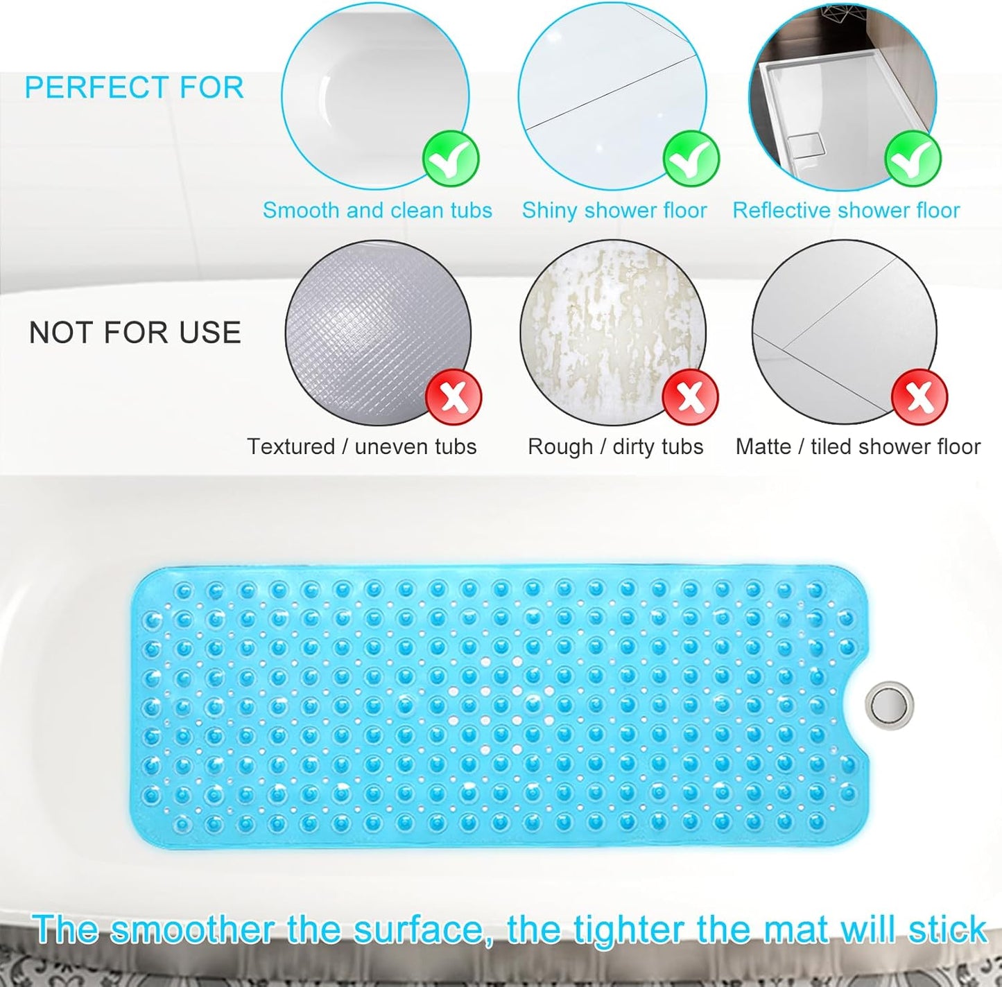Upgrade Baby Bath Mat Non Slip Extra Long Bathtub Mat for Kids 40 X 16 Inch - Eco Friendly Bath Tub Mat with 200 Big Suction Cups,Machine Washable Shower Mat,Blue