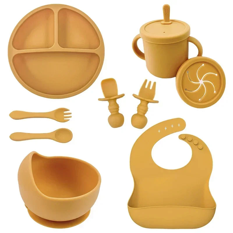 Silicone Baby Feeding Set Suction Bowl Baby Dinning Plate Straw Cup Bibs Spoon Forks for Kids Tableware BPA Free Children Dishes