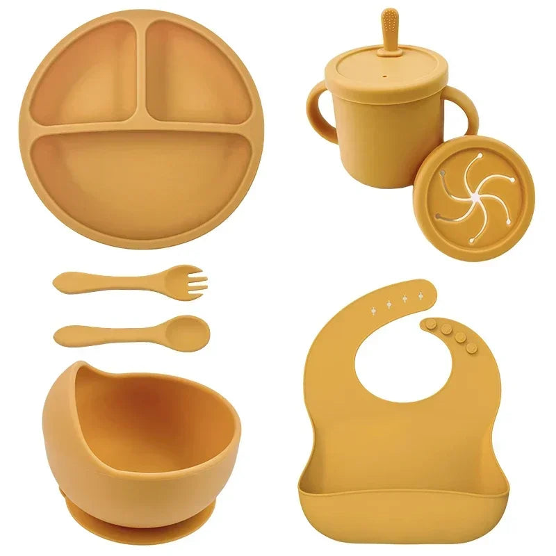 Silicone Baby Feeding Set Suction Bowl Baby Dinning Plate Straw Cup Bibs Spoon Forks for Kids Tableware BPA Free Children Dishes