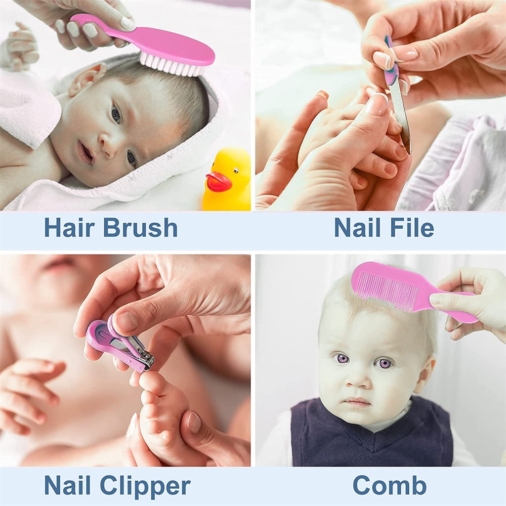 Baby Grooming Kit, 10 in 1 Baby Hair Brush/Nail Clipper/Nose Cleaner/Finger Toothbrush/Nail Scissors/Manicure Kit for Baby Care Keep Healthy and Clean Pink