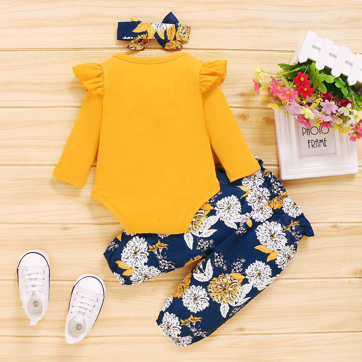 Adorable Newborn Girl Fall Outfit: Ruffle Sleeve Romper & Pants Set in Sunny Yellow! Perfect for Winter! πΌπΆπ #BabyFashion #CuteOutfits #NewbornStyle