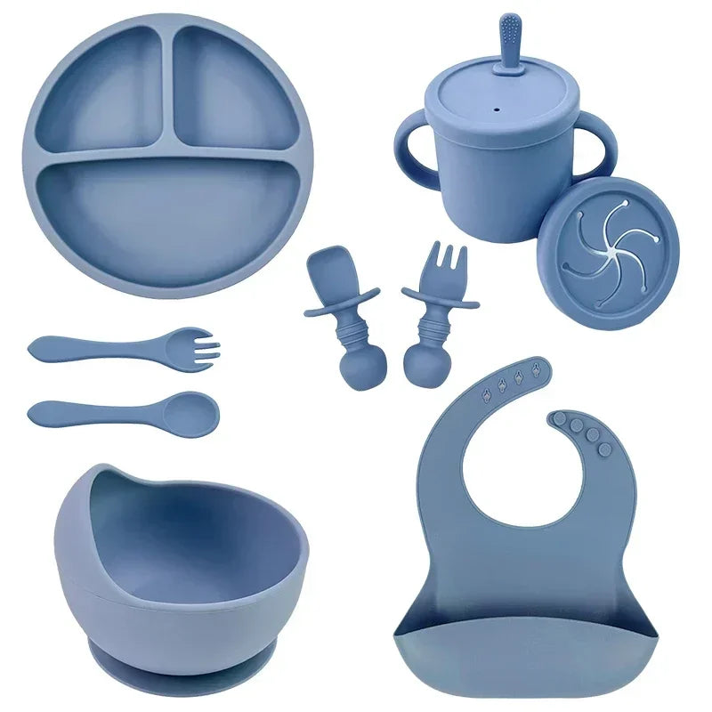 Silicone Baby Feeding Set Suction Bowl Baby Dinning Plate Straw Cup Bibs Spoon Forks for Kids Tableware BPA Free Children Dishes