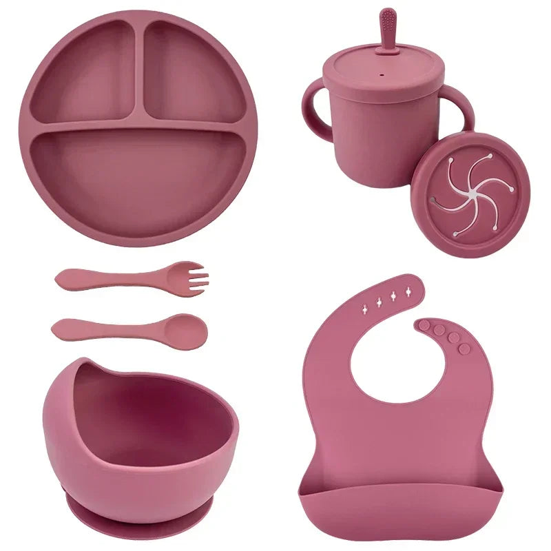 Silicone Baby Feeding Set Suction Bowl Baby Dinning Plate Straw Cup Bibs Spoon Forks for Kids Tableware BPA Free Children Dishes