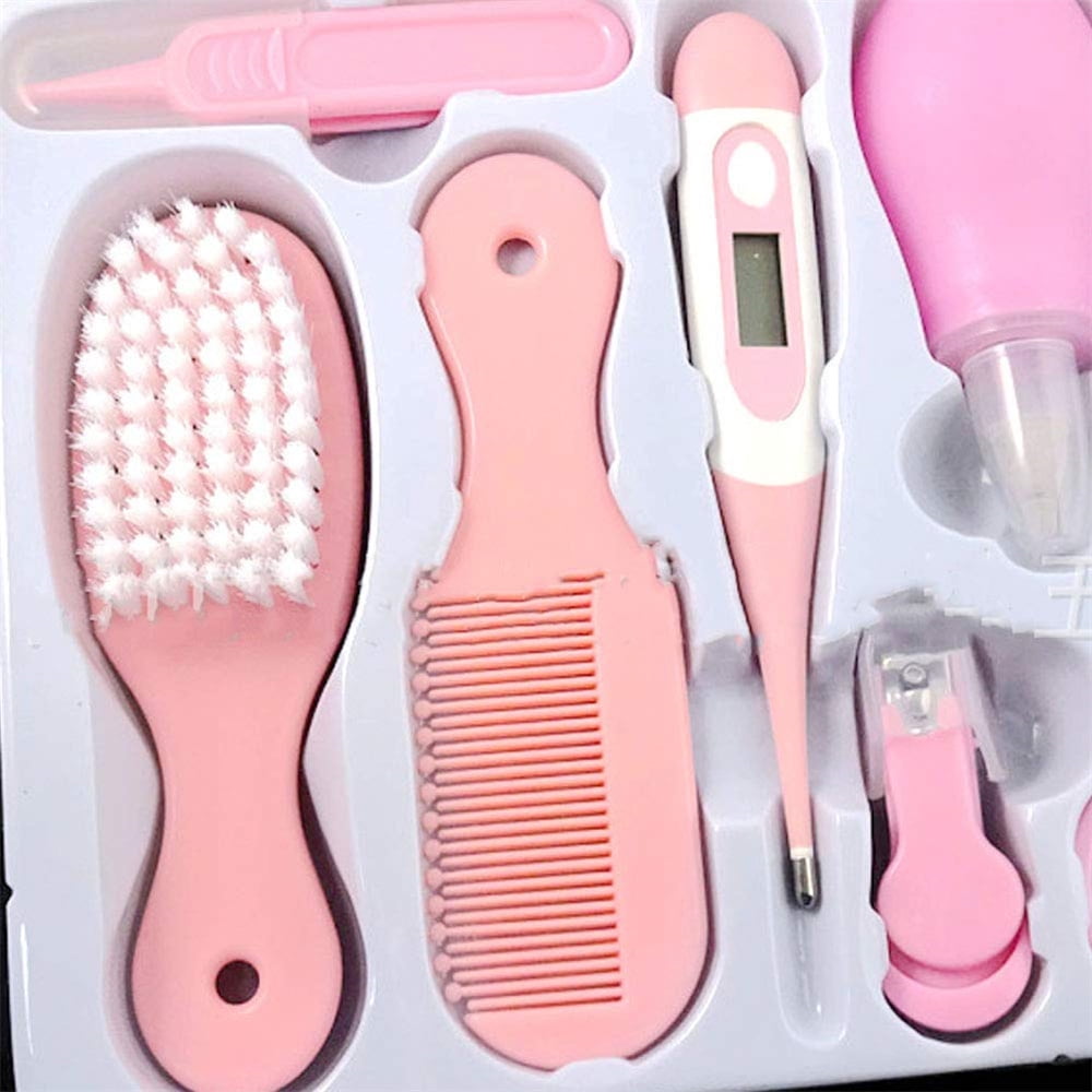 Baby Grooming Kit, 10 in 1 Baby Hair Brush/Nail Clipper/Nose Cleaner/Finger Toothbrush/Nail Scissors/Manicure Kit for Baby Care Keep Healthy and Clean Pink
