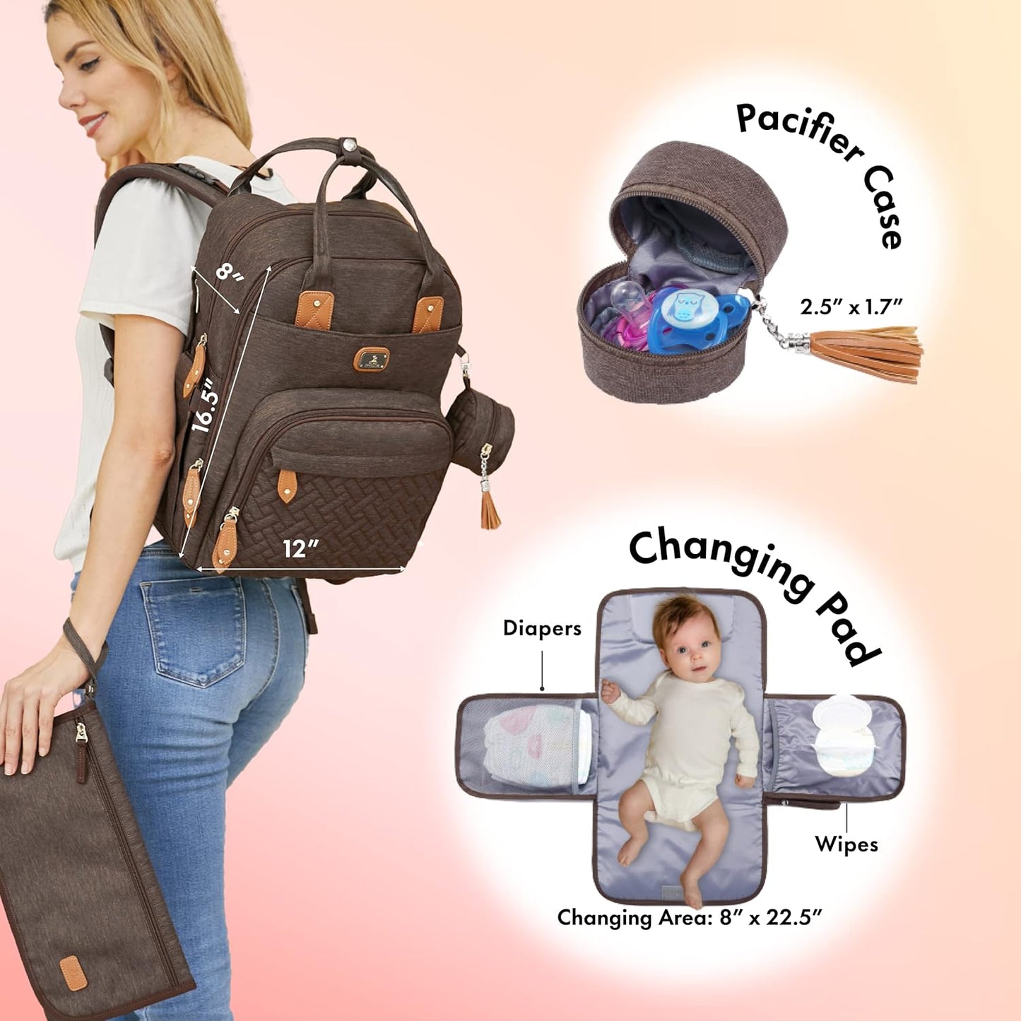 Diaper Bag Backpack with Changing Pad, Pacifier Holder & Stroller Straps – Large Unisex Baby Bag