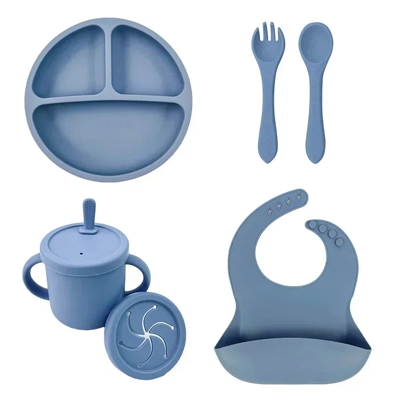 Silicone Baby Feeding Set Suction Bowl Baby Dinning Plate Straw Cup Bibs Spoon Forks for Kids Tableware BPA Free Children Dishes
