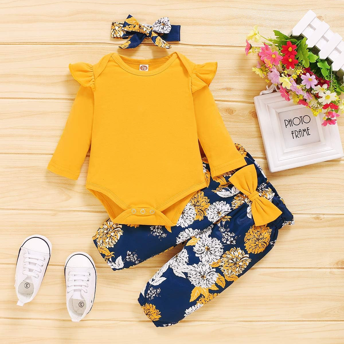 Adorable Newborn Girl Fall Outfit: Ruffle Sleeve Romper & Pants Set in Sunny Yellow! Perfect for Winter! πΌπΆπ #BabyFashion #CuteOutfits #NewbornStyle