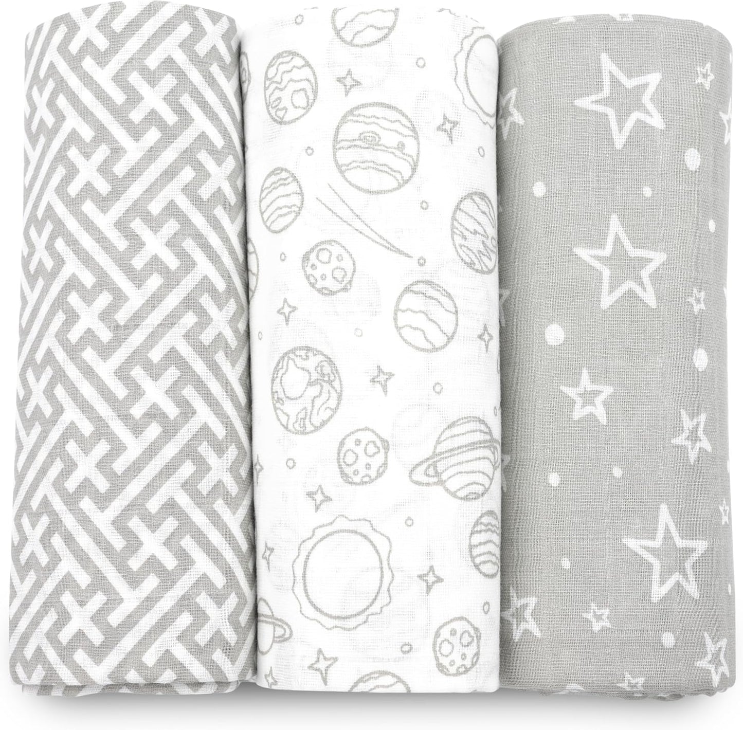 Muslin Swaddle Blankets, Swaddle Blanket for Baby Boys and Girls, 3-Pack Breathable Premium 100% Cotton Baby Receiving Blankets, Exta Large Size 47X47 Inches, Grey