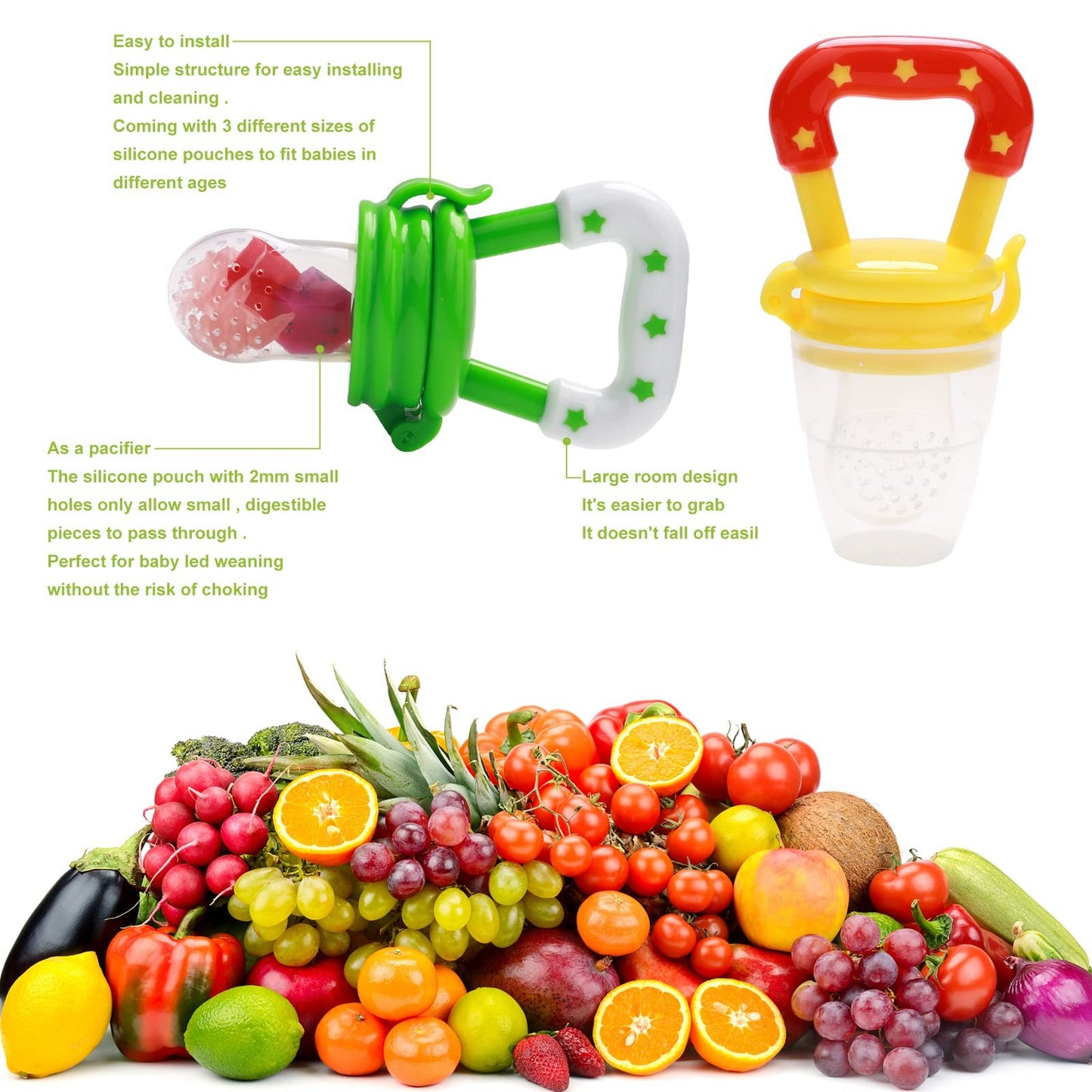Food Feeder for Baby, Fruit Feeder Pacifier (3 Pcs) with 6 Different Sized Si...