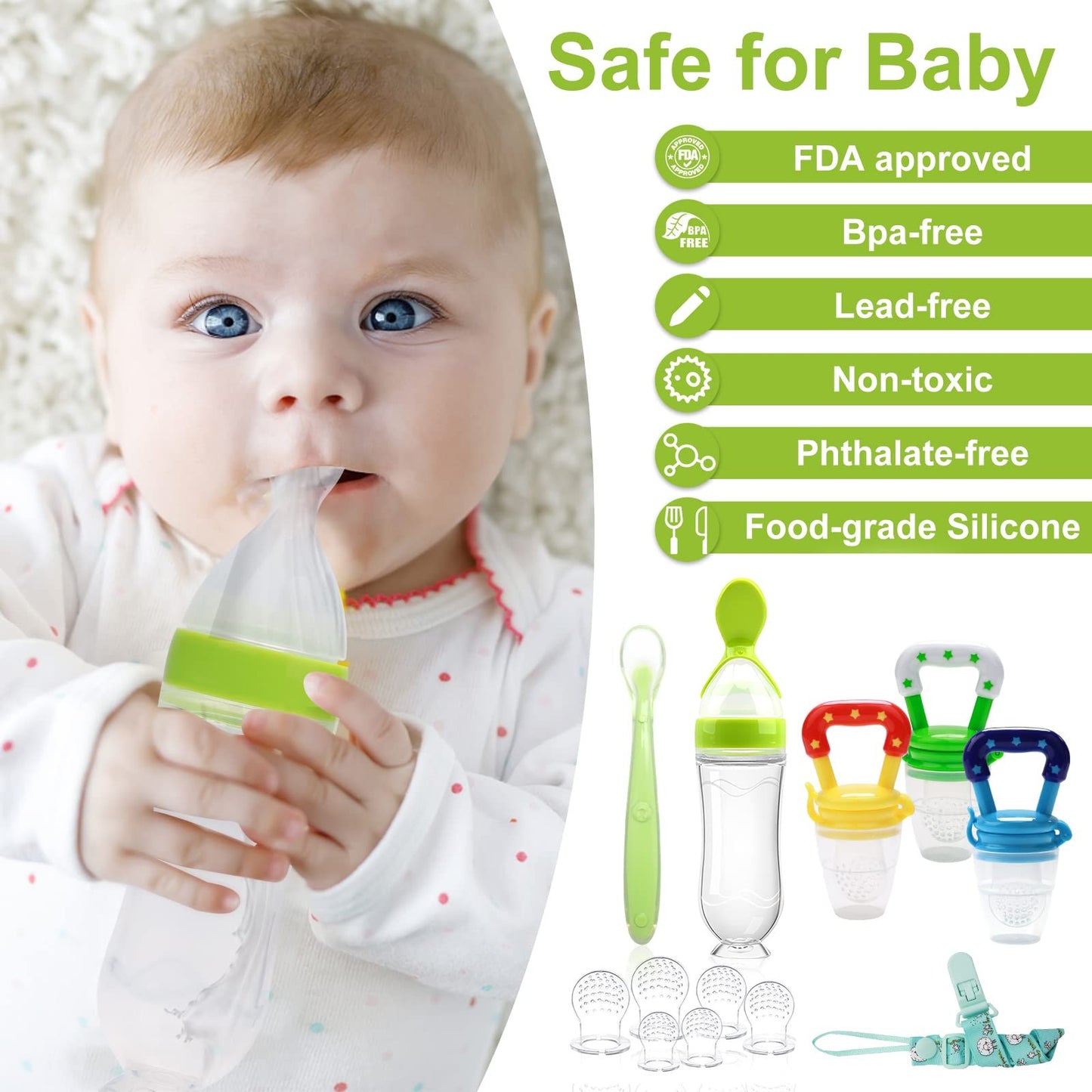 Food Feeder for Baby, Fruit Feeder Pacifier (3 Pcs) with 6 Different Sized Si...