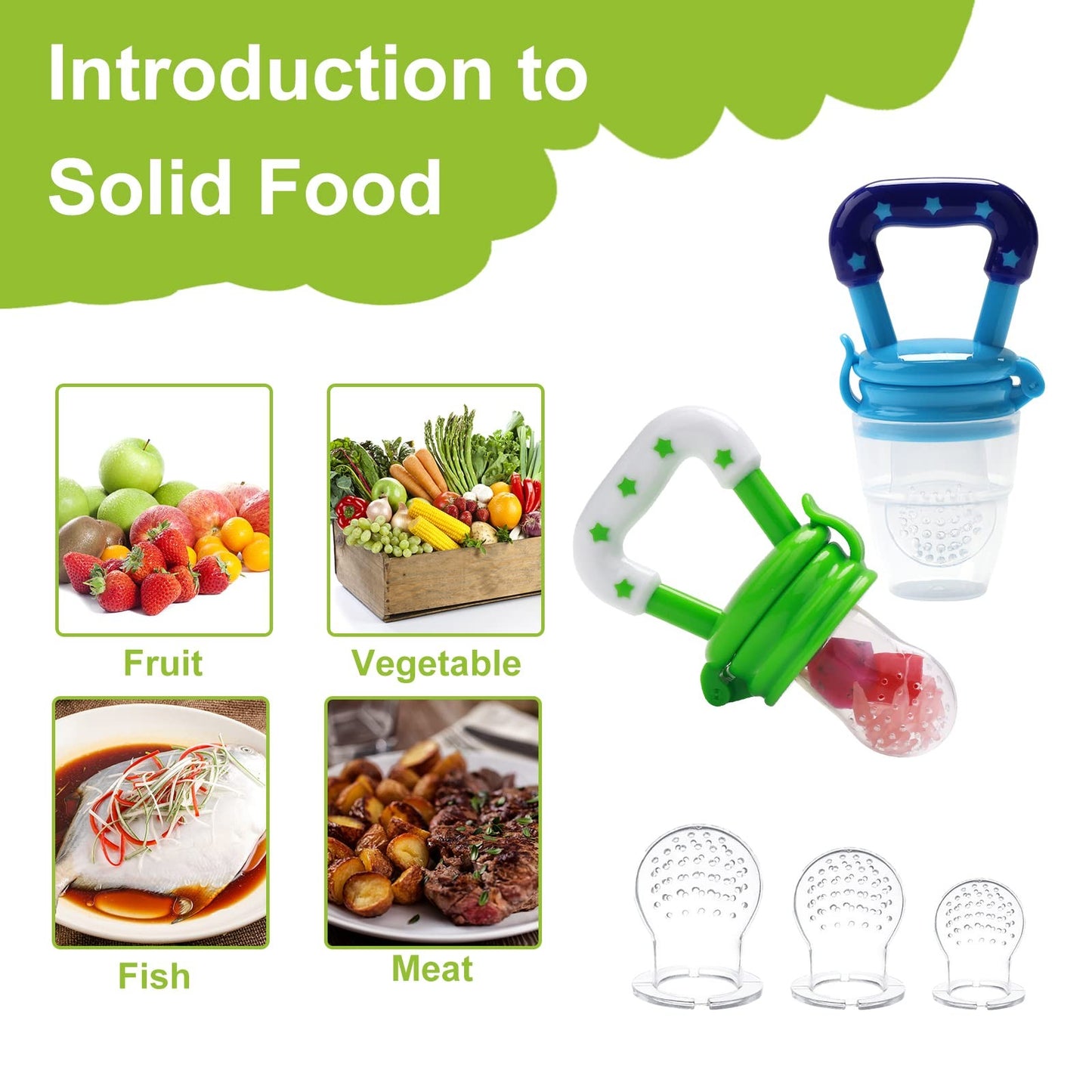 Food Feeder for Baby, Fruit Feeder Pacifier (3 Pcs) with 6 Different Sized Si...