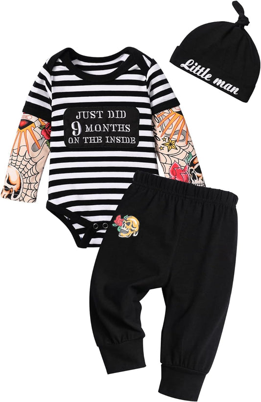 Baby Boy Clothes – Tattoo Sleeve Romper, Pants & Bodysuit | Funny 3PCS Infant Outfit Set