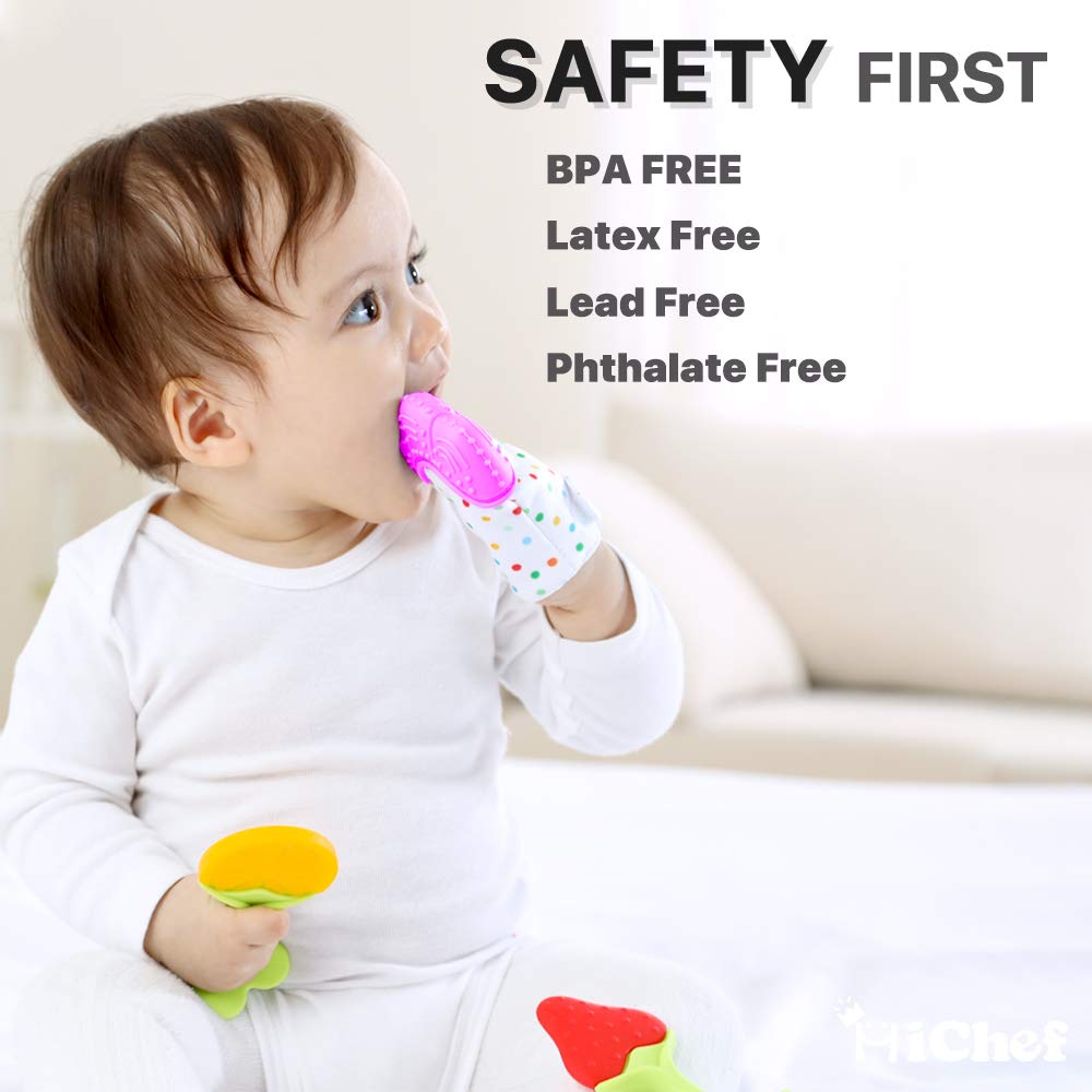 Teething Mittens for Baby (2 Pack) with Baby Teething Toys (3 Pack), Self Soothing Pain Relief Mitt, Silicone Teethers, Bpa-Free, Natural Organic Freezer Safe for Infants and Toddlers