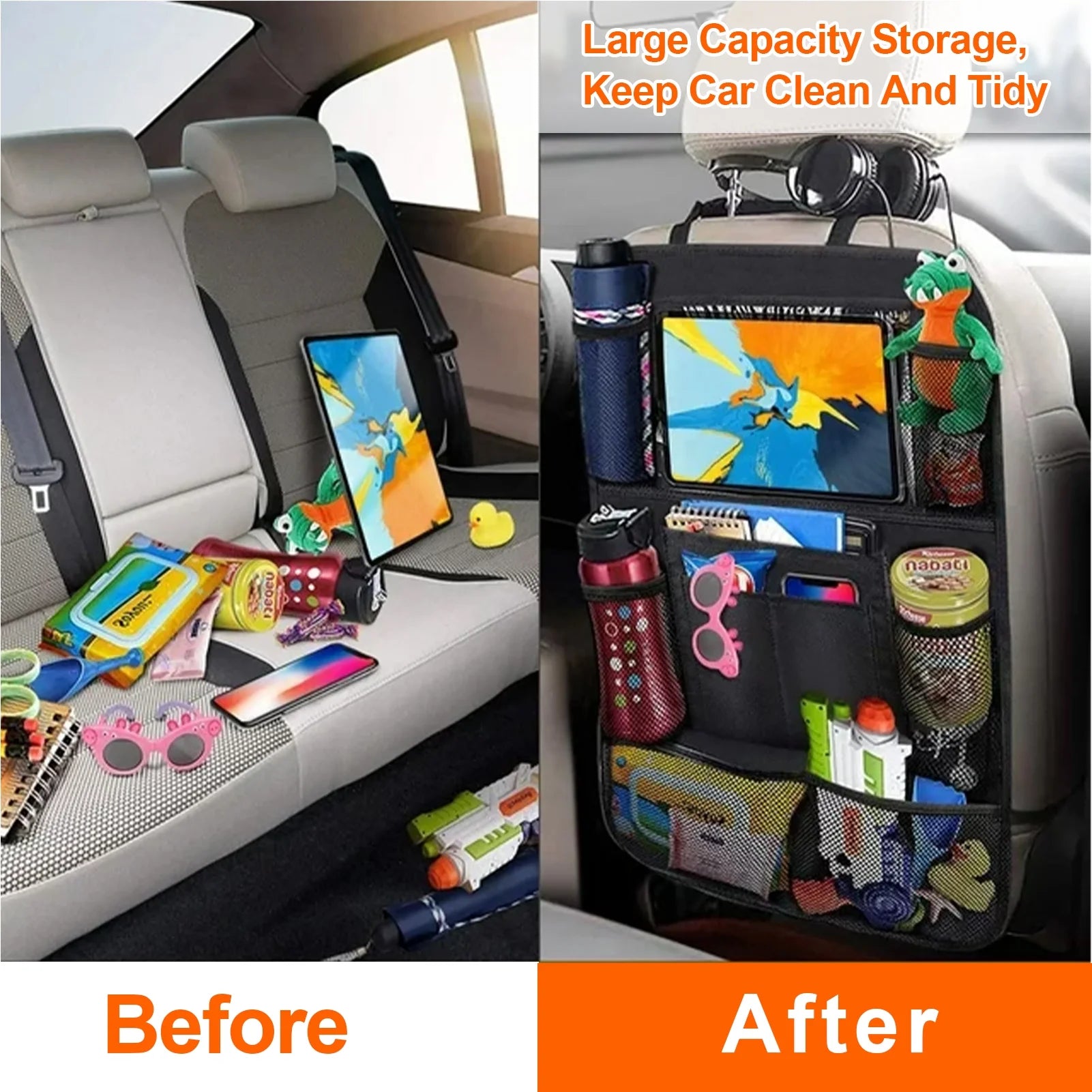 Car Backseat Organizer 2 Pack, Kick Mats Car Storage with Tablet Holder for Kids, Back Seat Car Organizers Travel Accessories