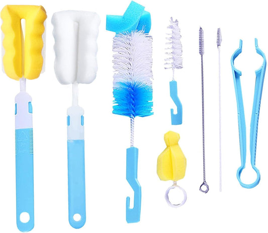 Bottle Brush 8 Pack Cup Cleaner Sponge Brush Set Detachable Long Handle Bottle Cleaner Set Baby Nipple Brushes, Straw Brushes, Bottle Clamp (Blue)