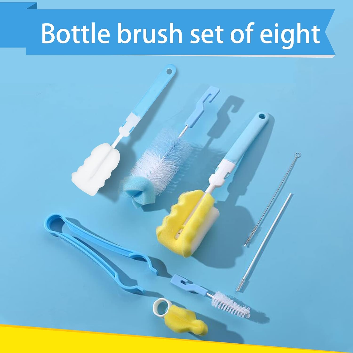 Bottle Brush 8 Pack Cup Cleaner Sponge Brush Set Detachable Long Handle Bottle Cleaner Set Baby Nipple Brushes, Straw Brushes, Bottle Clamp (Blue)