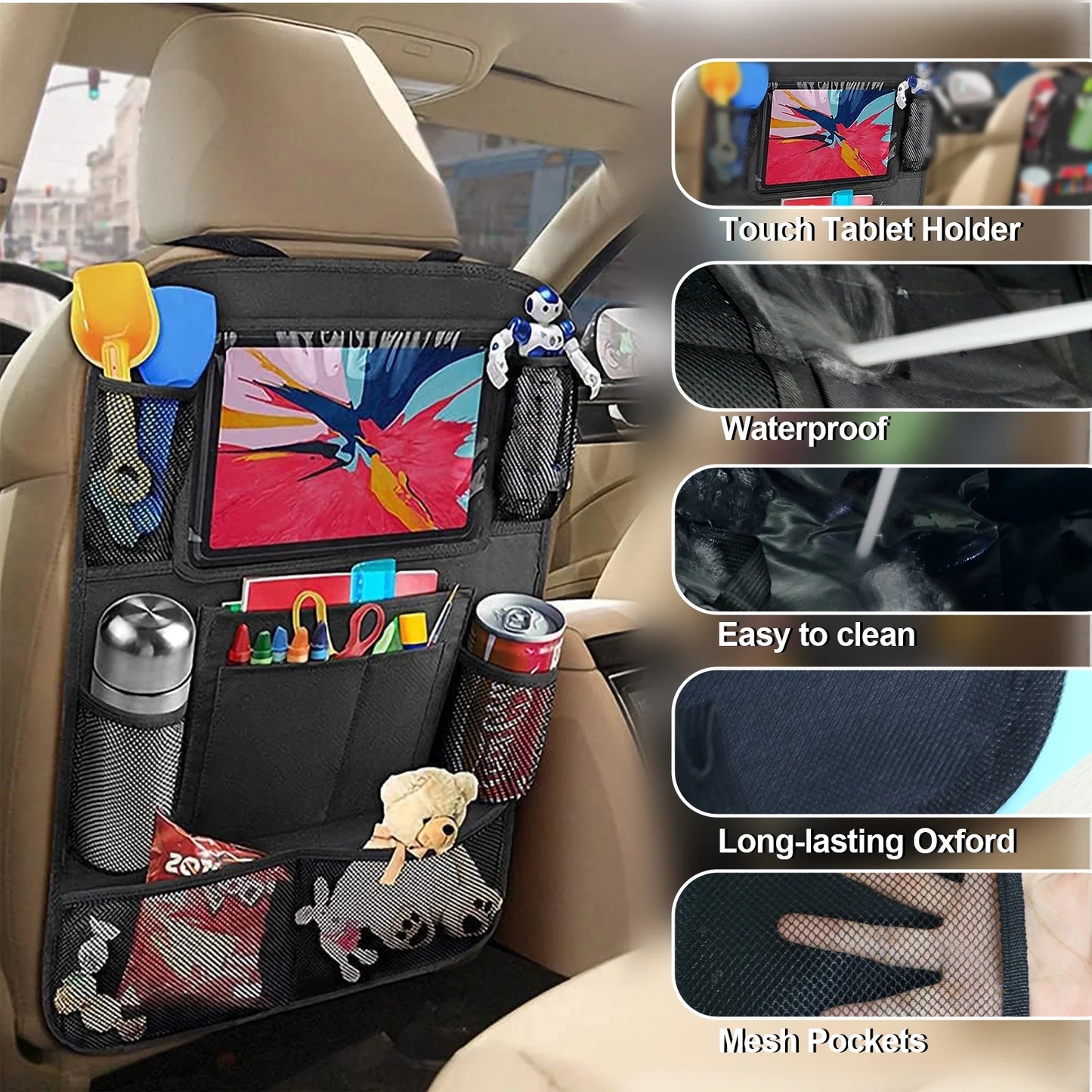 Car Backseat Organizer 2 Pack, Kick Mats Car Storage with Tablet Holder for Kids, Back Seat Car Organizers Travel Accessories