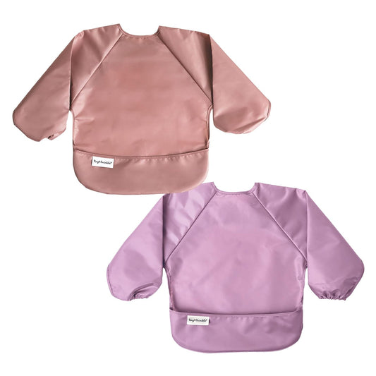 Mess Proof Baby Bibs, 2Pk Waterproof Smock Baby Bibs for Eating, Machine Washable Long Sleeve Bibs, Baby Led Weaning, Toddler Bibs, BLW Supplies (Taupe Lilac, Small 6-24 Months)