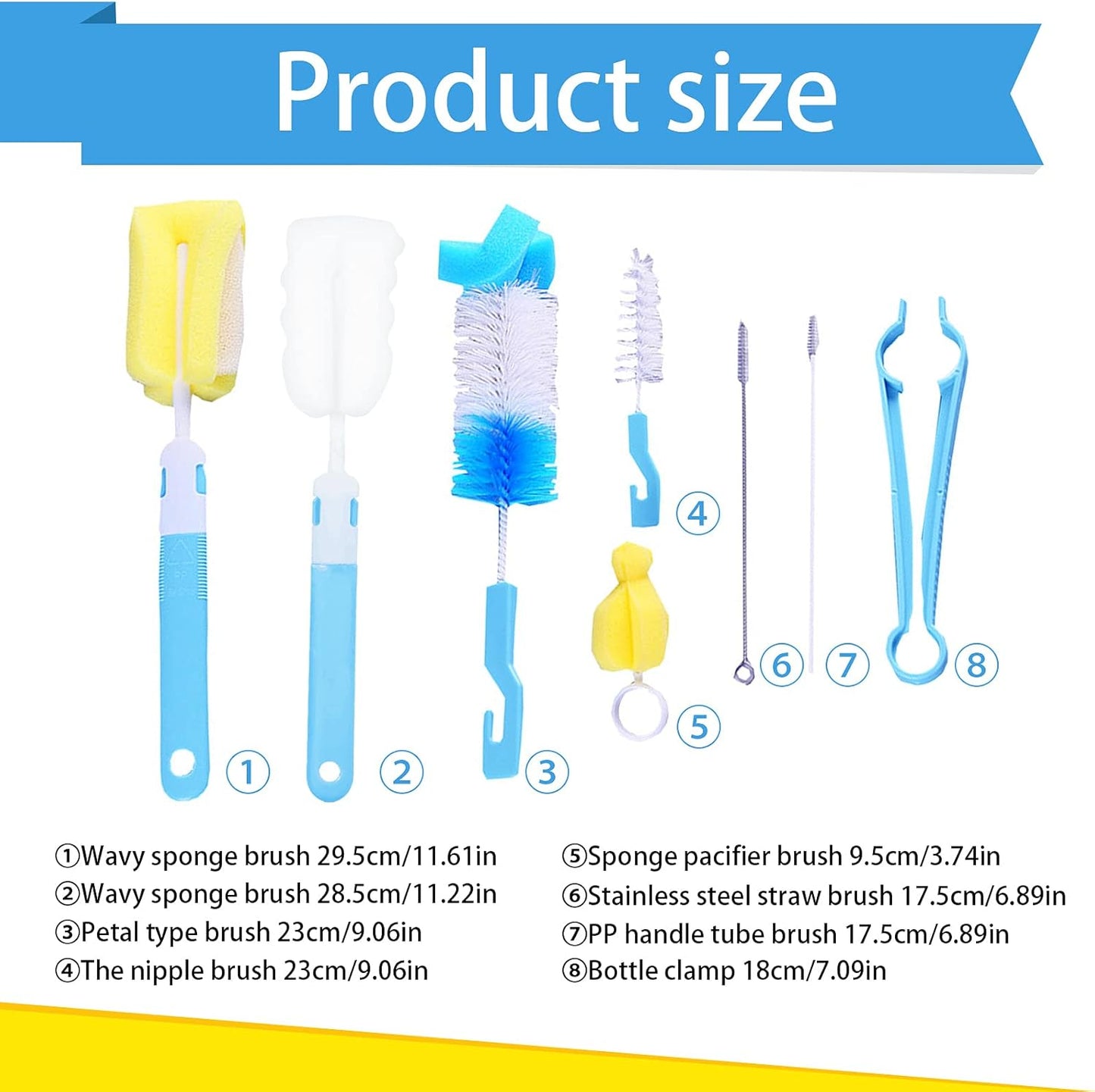 Bottle Brush 8 Pack Cup Cleaner Sponge Brush Set Detachable Long Handle Bottle Cleaner Set Baby Nipple Brushes, Straw Brushes, Bottle Clamp (Blue)