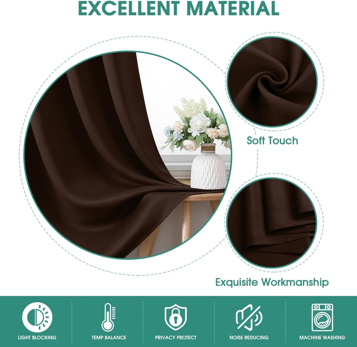 Chocolate Brown Blackout Curtains, 2 Pages Room Darkening Bedroom Pinch Pleated Curtains Thermal Insulated Back Tab Rod Pocket Drapes for Bedroom, W52 X L63