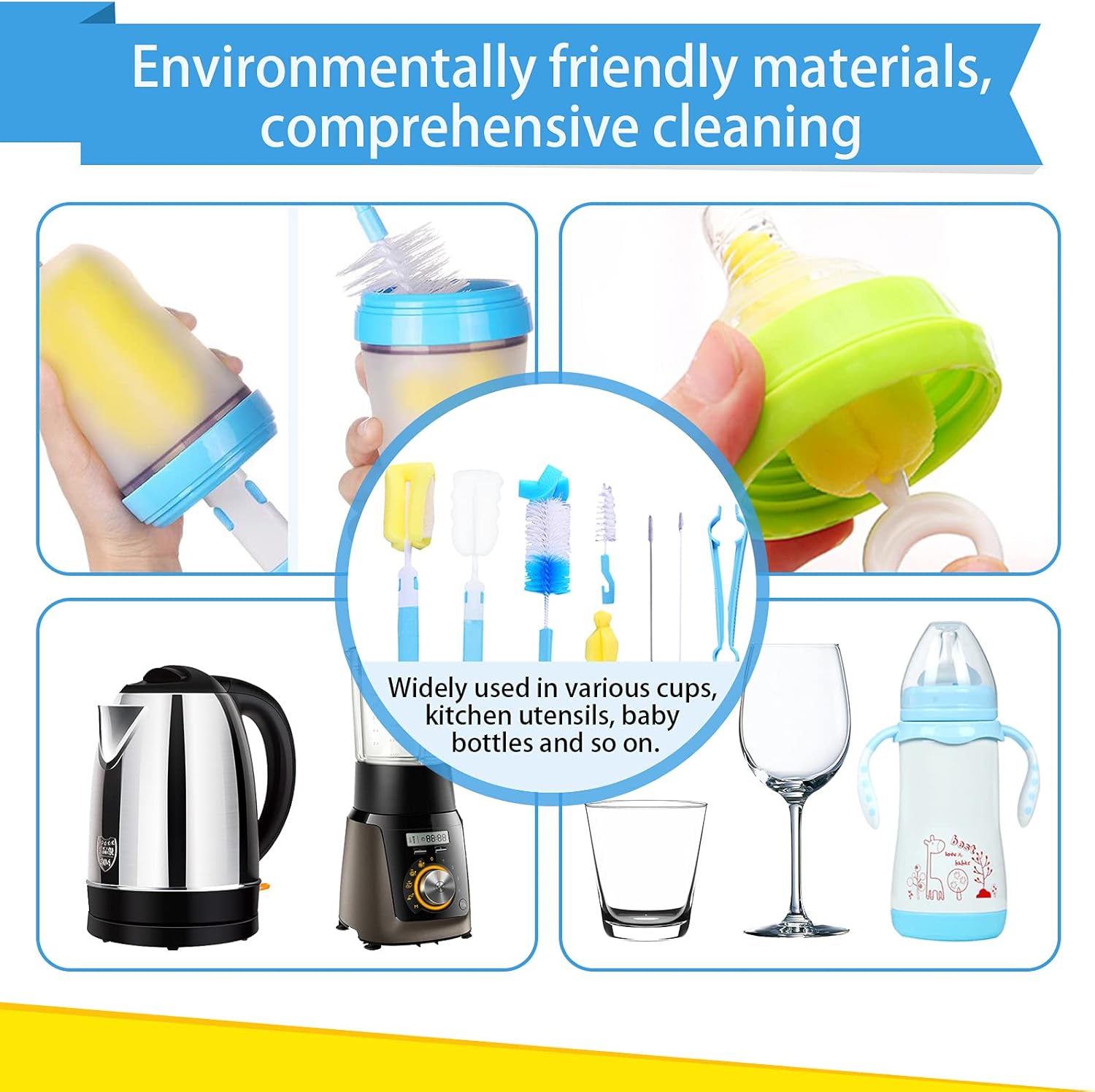 Bottle Brush 8 Pack Cup Cleaner Sponge Brush Set Detachable Long Handle Bottle Cleaner Set Baby Nipple Brushes, Straw Brushes, Bottle Clamp (Blue)