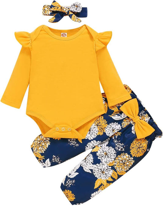 Adorable Newborn Girl Fall Outfit: Ruffle Sleeve Romper & Pants Set in Sunny Yellow! Perfect for Winter! 🌼👶💛 #BabyFashion #CuteOutfits #NewbornStyle