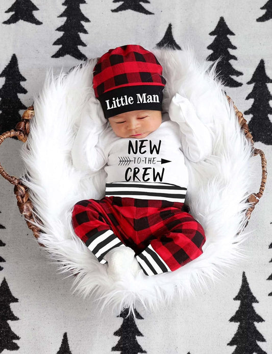 Newborn Baby Boy Clothes – “New to the Crew” Letter Print Romper, Pants & Hat | 3PCS Infant Outfit Set