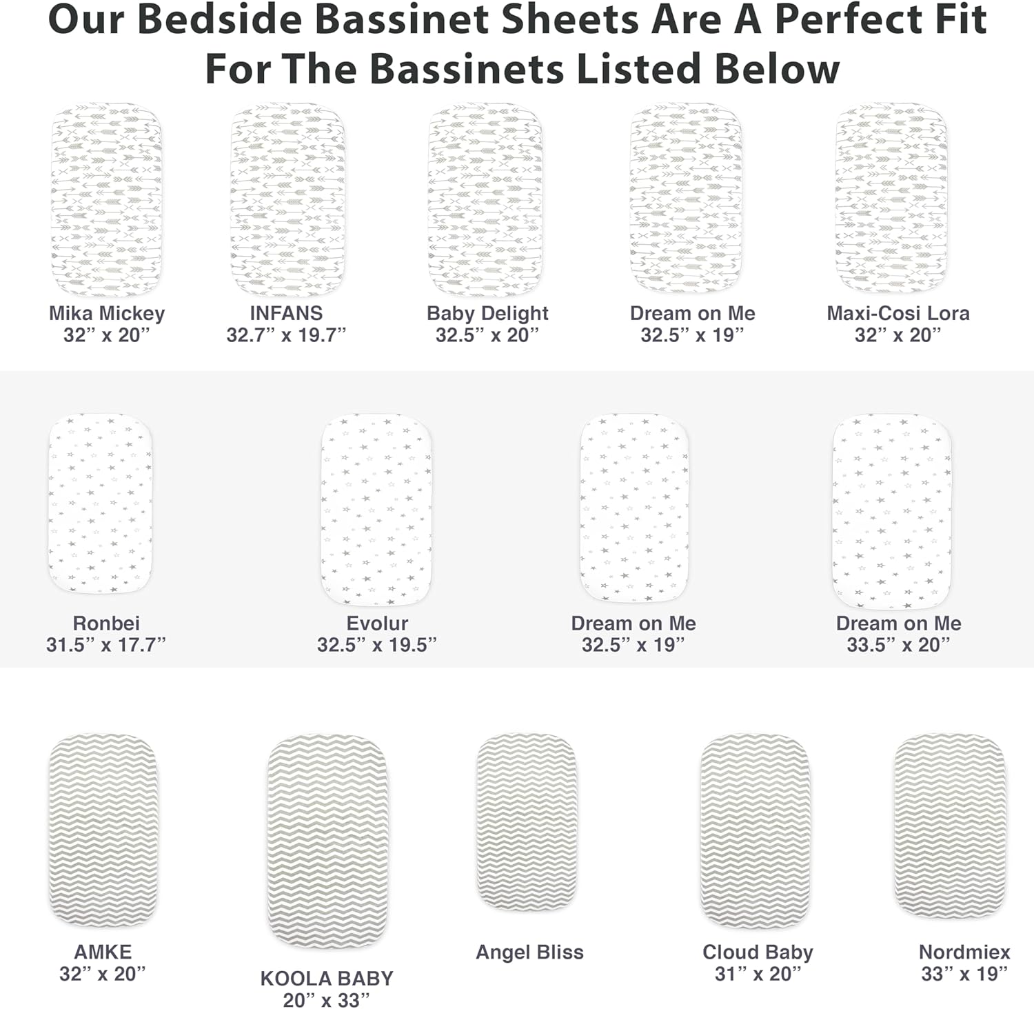 3 Pack Organic Bedside Bassinet Sheets Compatible with Mika Micky, Baby Delight, Dream on Me, AMKE and Other Bassinet Mattress Pads Size between 17-21 in Width, 29-33 in Length, and 1.5-4 in Thick