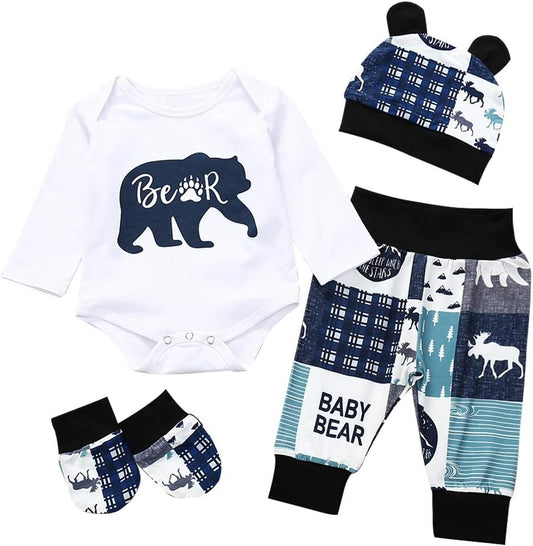 Adorable 3-Piece Baby Boy Outfit Set for Fall/Winter: Long Sleeve Romper, Pants, and Hat! Perfect for Your Little One!