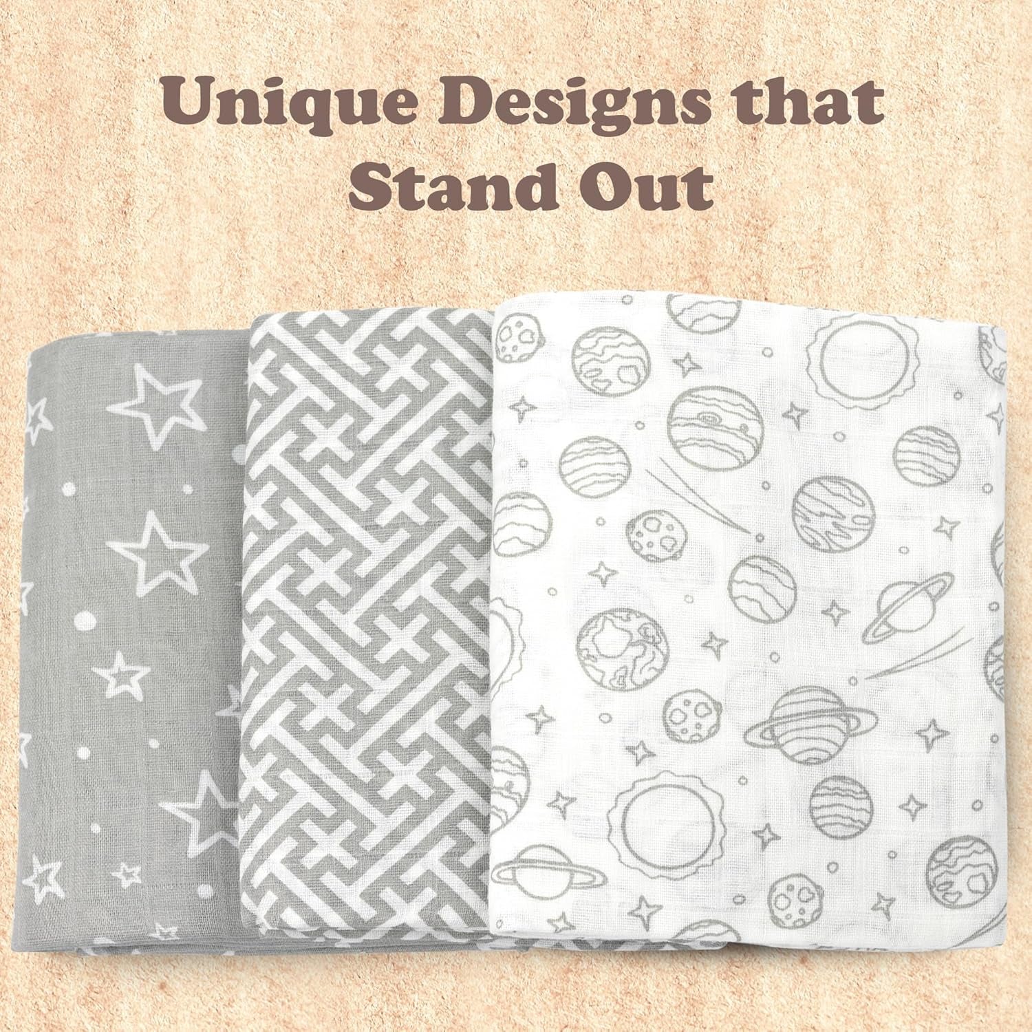 Muslin Swaddle Blankets, Swaddle Blanket for Baby Boys and Girls, 3-Pack Breathable Premium 100% Cotton Baby Receiving Blankets, Exta Large Size 47X47 Inches, Grey