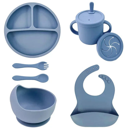 Silicone Baby Feeding Set Suction Bowl Baby Dinning Plate Straw Cup Bibs Spoon Forks for Kids Tableware BPA Free Children Dishes