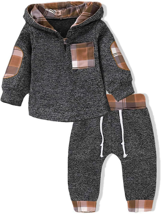 Toddler Baby Boy Clothes – Plaid Hoodie & Pants Outfit Set | 2PCS Fall Winter Infant Christmas Outfit (0–3T)