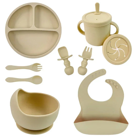 Silicone Baby Feeding Set Suction Bowl Baby Dinning Plate Straw Cup Bibs Spoon Forks for Kids Tableware BPA Free Children Dishes
