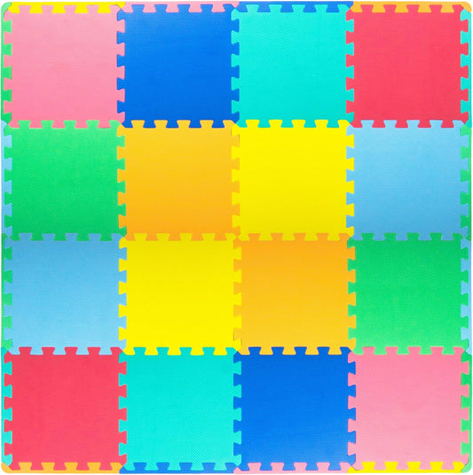 Foam Puzzle Floor Play Mat for Kids and Babies with Solid Colors, 36 or 16 Interlocking Tiles with Borders, Assorted