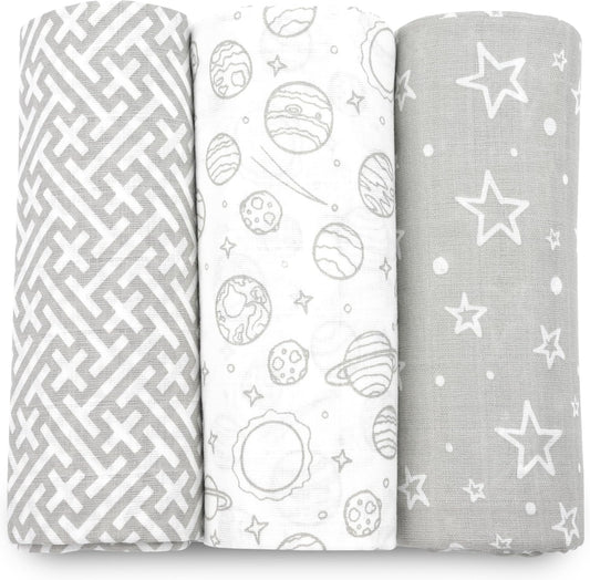 Muslin Swaddle Blankets, Swaddle Blanket for Baby Boys and Girls, 3-Pack Breathable Premium 100% Cotton Baby Receiving Blankets, Exta Large Size 47X47 Inches, Grey