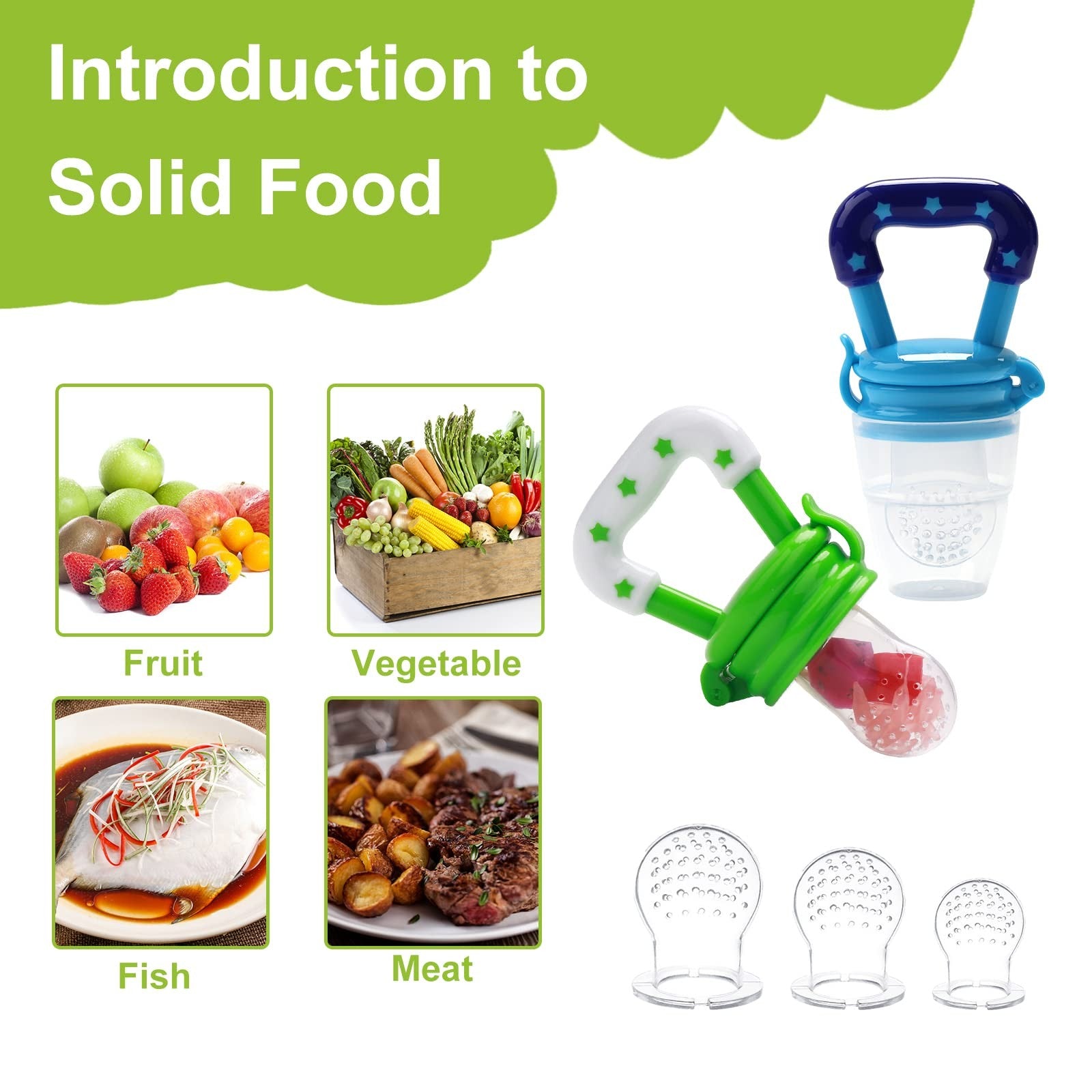 Food Feeder for Baby, Fruit Feeder Pacifier (3 Pcs) with 6 Different Sized Si...